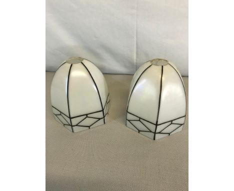 2 Art Deco Vaseline glass light shades with black lines painted to the edging 