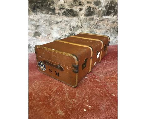 Vintage wooden bound travel trunk 