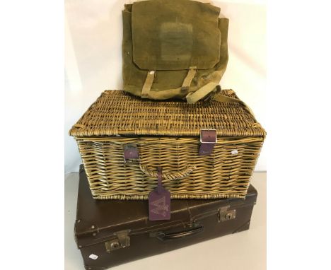 Army nap sack , Vintage suitcase & wicker hamper basket 