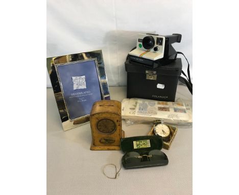 A collections of odds to include Polaroid 1000 land camera, Mauchline ware burns cottage scene bank, Elco pocket watch etc 