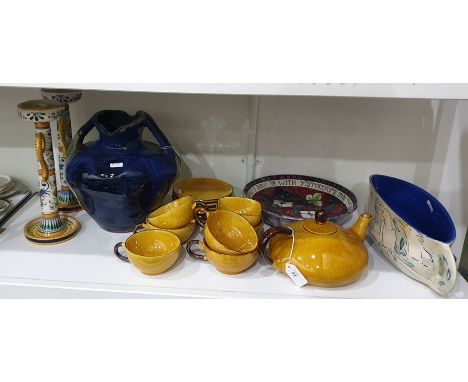 Studio pottery two-handled vase, studio pottery bowl with motto, initialled DW to base, studio pottery honey-glazed part tea 