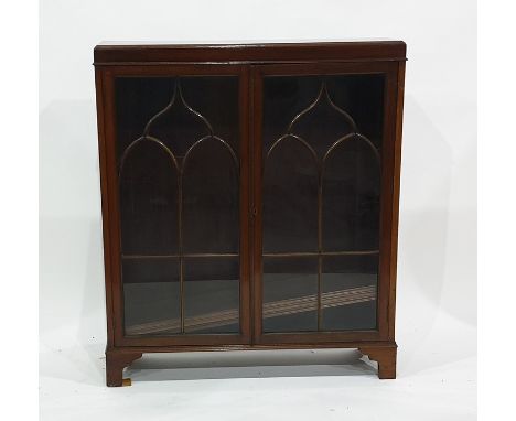 Early 20th century walnut glazed display cabinet with two astragal-glazed doors enclosing adjustable shelves, the whole raise