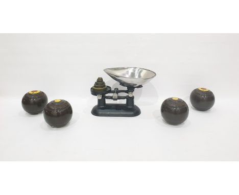 Vintage weighing scales made by Thomas Plant, Birmingham, with weights and bowl, a walking stick with a horn handle and twist