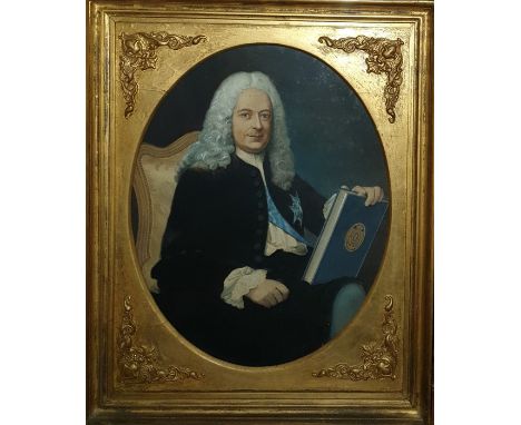 French (18th century style) Watercolour Half-length portrait of bewigged gentleman seated in French style chair holding a boo