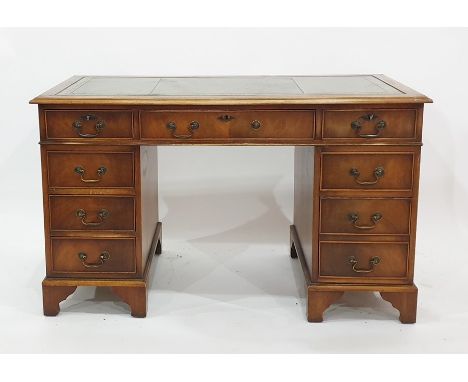 19th century mahogany pedestal desk with green leather inset top, nine assorted drawers, raised on bracket feet, 122cm x 73cm