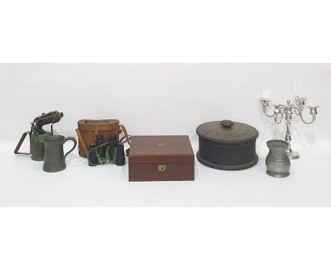 Mahogany writing slope, a vintage blow lamp, two pewter mugs, a pair of cased binoculars, a copper warming pan, a carved stor