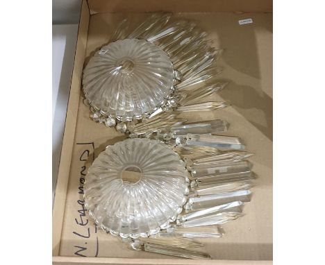 Pair of pendant light fittings, each in the form of ribbed glass dome, having numerous cut prismatic pendants, each 16cm diam