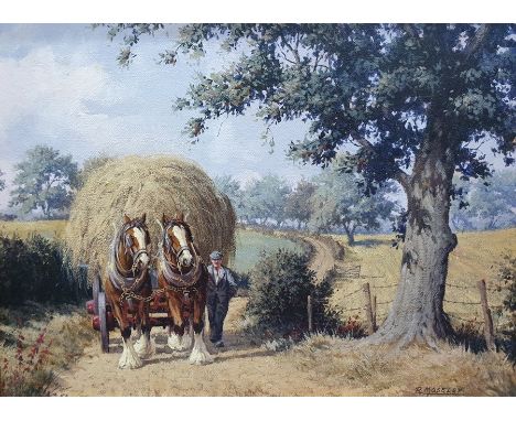 R MosleyOil on canvasFarmhand with haycart and horses on wooded track, signed, 29 x 39 cms