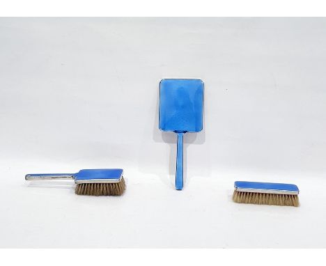 Silver plate, blue guilloche enamel dressing table set, mirror, hairbrush and clothes brush (3)