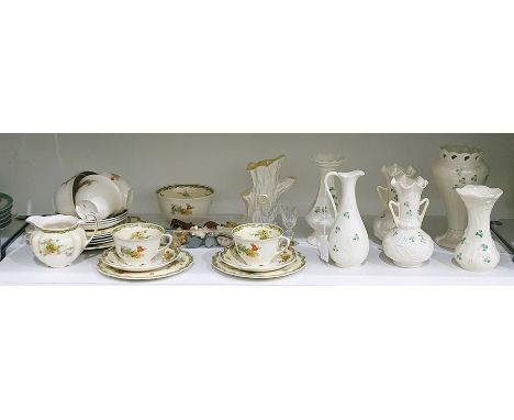 Six various Belleek ivory porcelain vases with shamrock decoration, small quantity of Wade porcelain miniatures, Belleek porc