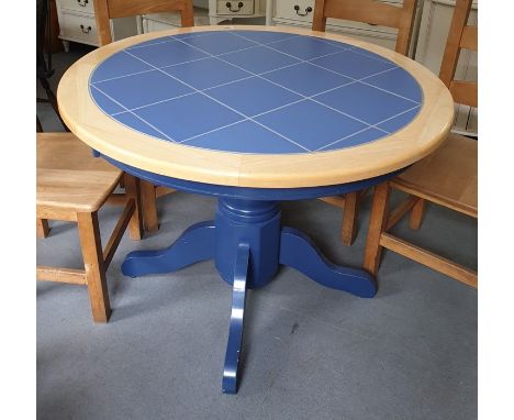20th century blue tile-top beech-framed circular breakfast table, 106cm diameter 