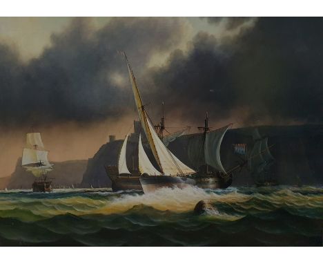 Tim F R Thompson ( 1951)Oil on canvasNineteenth century maritime scene with sailing vessels, one flying French flag beneath c