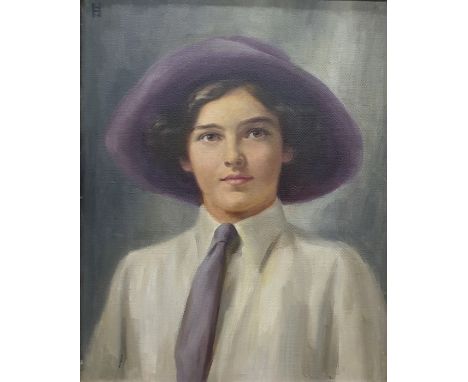 UnattributedOil on canvasmonogrammedEarly 20th century portrait, possibly of a Suffragette wearing purple hat and tie, inscri