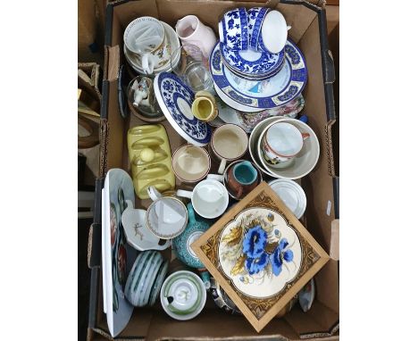 Collection of assorted ceramics in three boxes to include toast rack, framed tile, cakestand and small quantity of Carltonwar