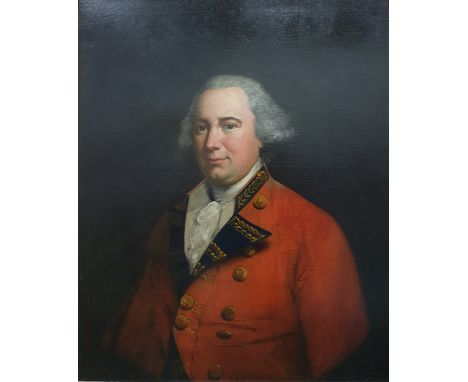 Unattributed (18th century school)Oil on canvasHalf length portrait of Georgian gentleman in red jacket with gilt buttons, in