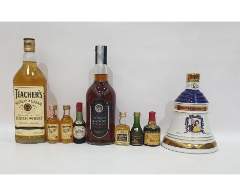 1997 Commemorative Bells whisky, a Patron Alonso brandy, a Teachers Highland Cream Scotch whisky and six assorted miniatures 