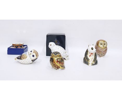 Royal Crown Derby china paperweight "Snowy Owl", boxed, four other Royal Crown Derby china paperweights in the form of birds 