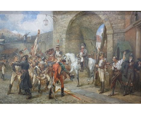 Robert HillingfordOil on canvas"Triumphant Reception" Napoleon arriving on horseback within fortified courtyard, greeted by m