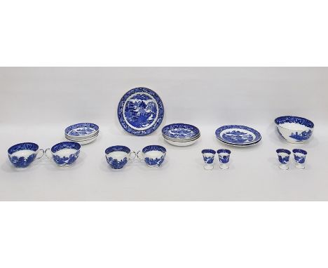 Grainger &amp; Co. Worcester porcelain part tea service, underglaze blue transfer printed with willow variant pattern to incl