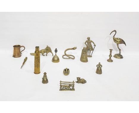 Large quantity of brass and metalware items including a model of a stork, a fox, a cobra, ashtrays, letter rack, bells, coppe