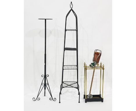 Assorted metalware to include brass umbrella stand, pan rack, adjustable torchere and a shooting stick (4)Condition ReportEtc