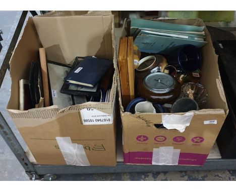 Various household items and photographs in two boxes including bamboo cased meat carving set, small wheel barometer and other