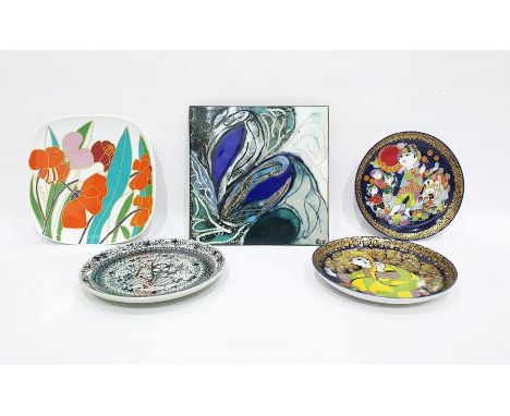 Pair Rosenthal Bjorn Wiinblad wall plates "Aladdin" pattern, Bodil Eja decorated tile in shades of blue and green, abstract, 