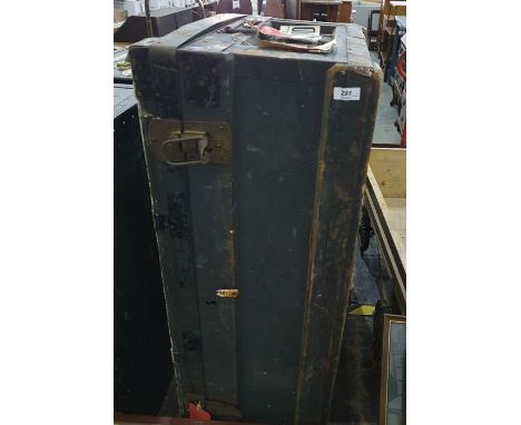 Green military style trunk and another wooden and iron bound example with Cunard White Star baggage labels