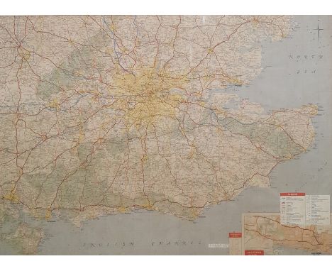 A framed road map of the South East of England 50 x 69 cms