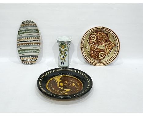 Continental majolica octagonal vase, trumpet shaped, stylised leaf decoration and three various Portuguese pottery serving di