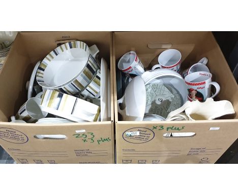 Three boxes of china and glassware to include: champagne flutes, trifle bowl, some Queensberry Midwinter Staffordshire tablew