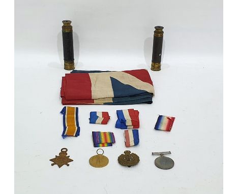 Two WW1 medals and a WW1 Star awarded to Pnr S R Hicks and a cap badge, sundry ribbons, two old brass and black morocco leath