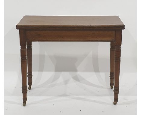 Late 19th/early 20th century folding card table on turned ring supports to brass caps and castors, 91cm x 74cm 