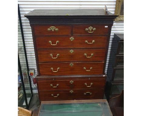 Late Georgian mahogany chest on chest, with dentil cornice, blind fretwork frieze to top and sides, cockbeading to drawers, w