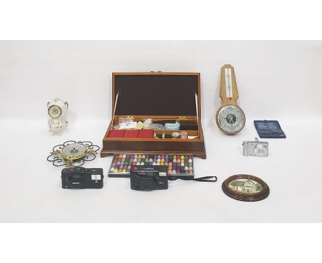 Various barometers, ceramic clock, Olympus camera, Kodak box camera, wooden sewing box inlaid, with sewing equipment and a bo