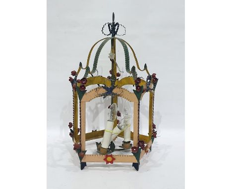 Metal hanging lamp decorated with free form flowers, in the shape of a lantern, with three lightbulb fitting, 45cm approx 