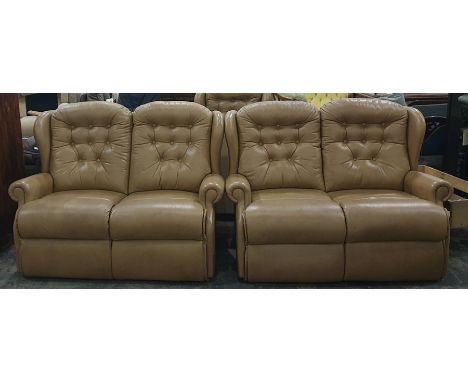 Two two-seaters sofas and a single armchair by Sherborne in pale brown button-back leather upholstery 