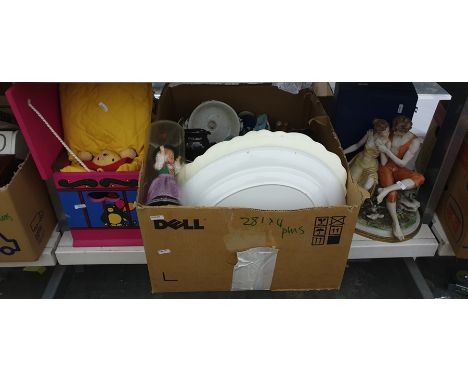 Three boxes of mixed items to include copper fondue pan, moulded ceramic flowers, an oak cased mantel clock, meat plates, tog
