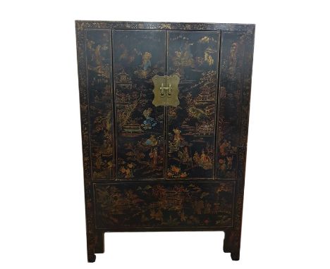 Antique Chinese two-door marriage chest, lacquer decorated on a black ground with assorted figures in landscape, the two door