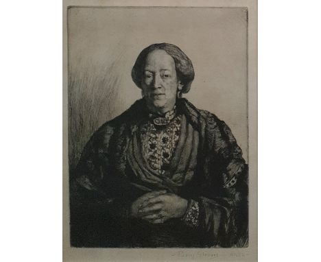 After Percy GleavesEtchingHead and shoulder portrait of an old woman, wearing shawl, rings on her hand, with continental scen