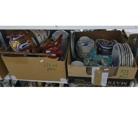 Four boxes of assorted items including moulded champagne flutes, a walking stick, Chinese wall hanging mask and a kitchen cha