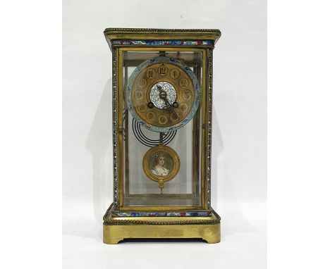 19th century French brass and enamel mantel clock in four glass sided case, the dial with Arabic numerals and cloisonne decor