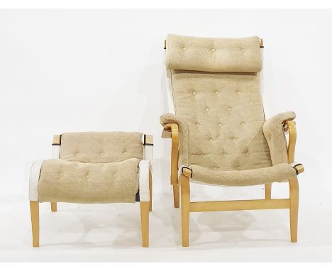 Bruno Mathsson chair by DUX, light bentwood and button-back upholstery and matching scrolled footstool (2) Condition ReportSo