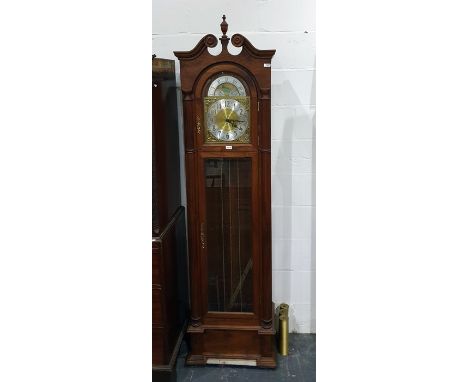 Modern chiming longcase clock with moonphase movement, Arabic numerals to the brass dial and steel chapter ring