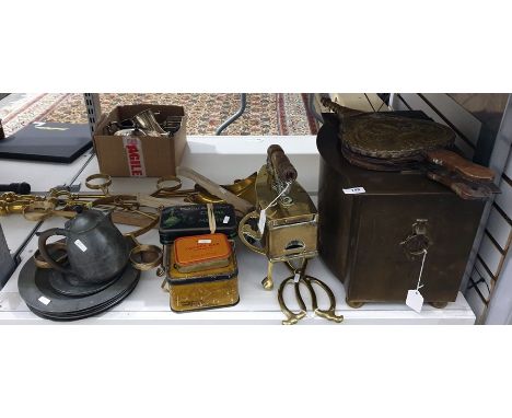 Quantity of brass, pewter and other metal ware to include copper smoothing iron, coal box, companion set, pewter plates, vint