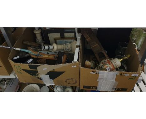 Three boxes and other items.&nbsp;a mixed lot to include binoculars, vintage badminton racket, wooden plane, lump hammer, vas