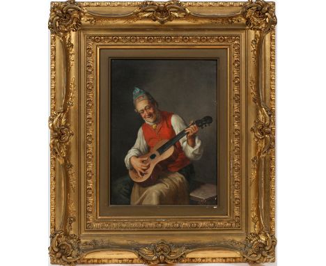 VINCENZO BUSCIOLANO (ITALIAN, B. 1851), OIL ON CANVAS, 1906, 14" X 10", SEATED MUSICIANAn older man seated on a wood bench pl