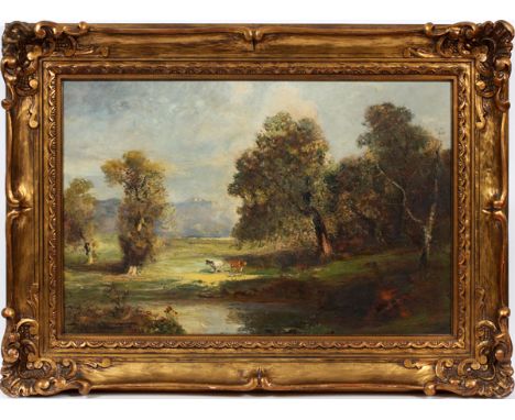 DOUGLAS ARTHUR TEED (AMERICAN, 1863-1929), OIL ON CANVAS, H 20.25", L 29.25", PASTORAL LANDSCAPEA Summer pastoral landscape w