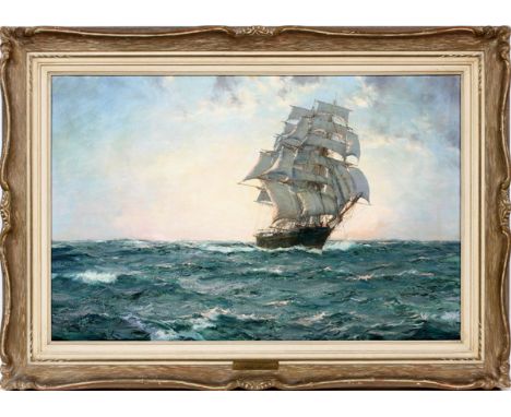 MONTAGUE DAWSON, OIL ON CANVAS, H 20", L 30", "DAWN AND A WEST WIND"Montague Dawson [British, 1890-1973]. Signed lower left. 