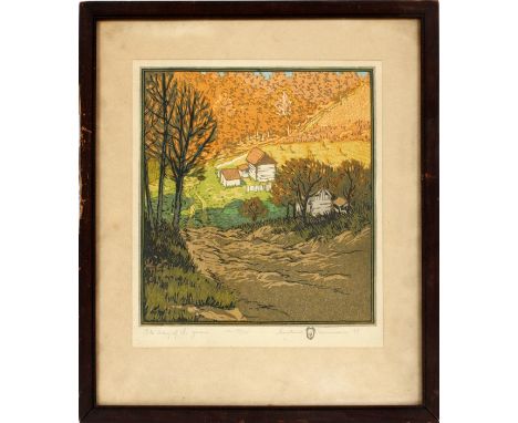 GUSTAVE BAUMANN US/GERMAN, 1881-1971), COLOR WOODCUT, 1915, IMAGE: H 10 7/8", W 9 7/8", "THE WAY OF THE YEARS"Pencil signed a